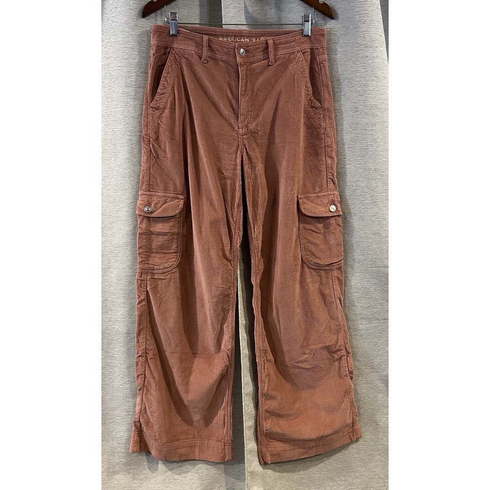 American Eagle Corduroy Baggy Cargo Pants Women's 8 peach Stretch Wide Leg Y2K